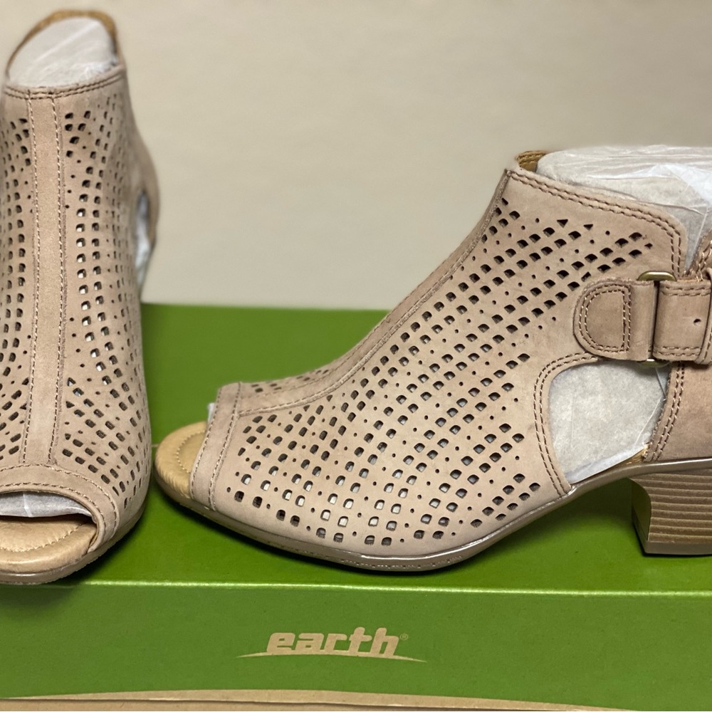 Earth Tan Perforated Ankle Booties with Block Heel